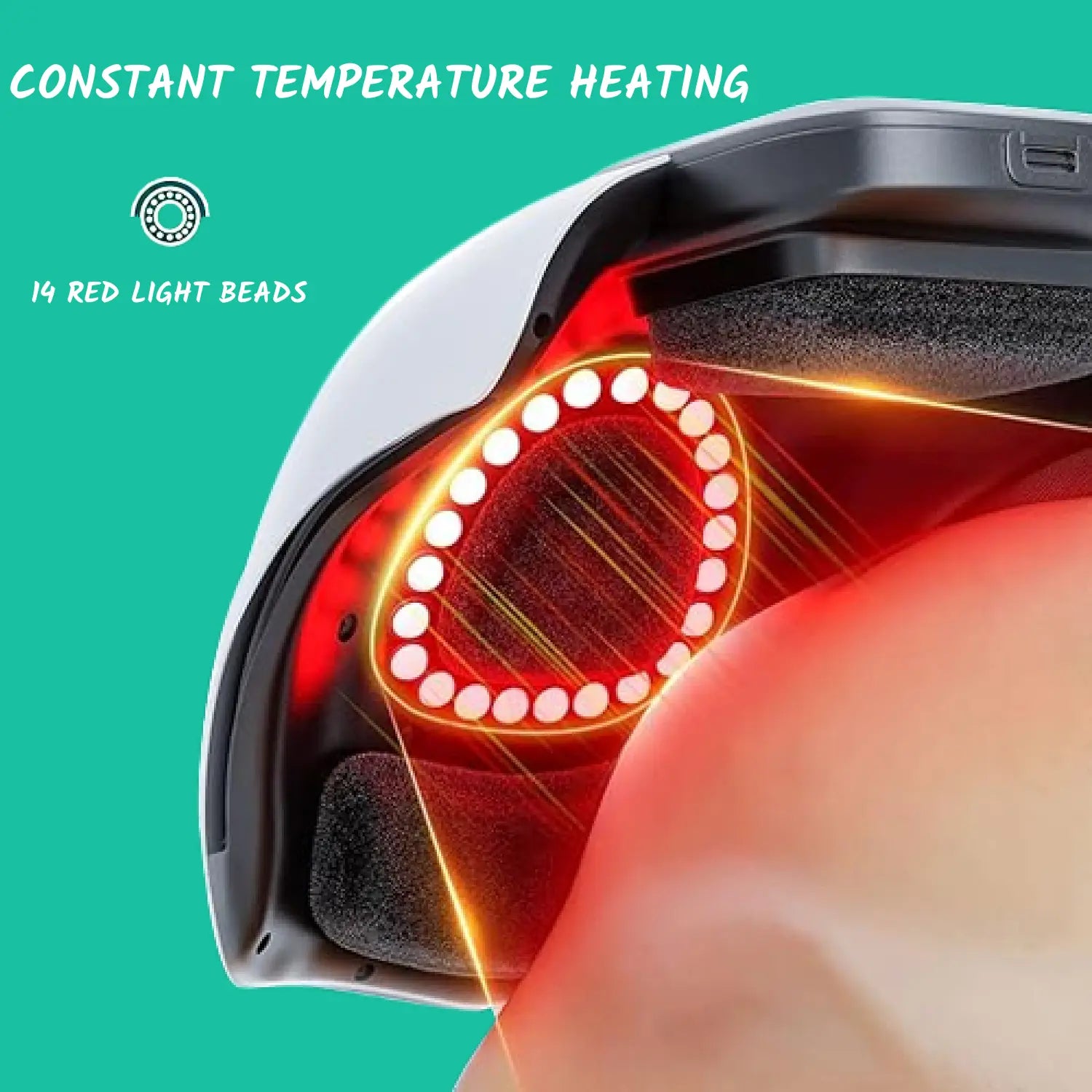 Massager on a knee showing 14 INFRARED LIGHT BEADS.