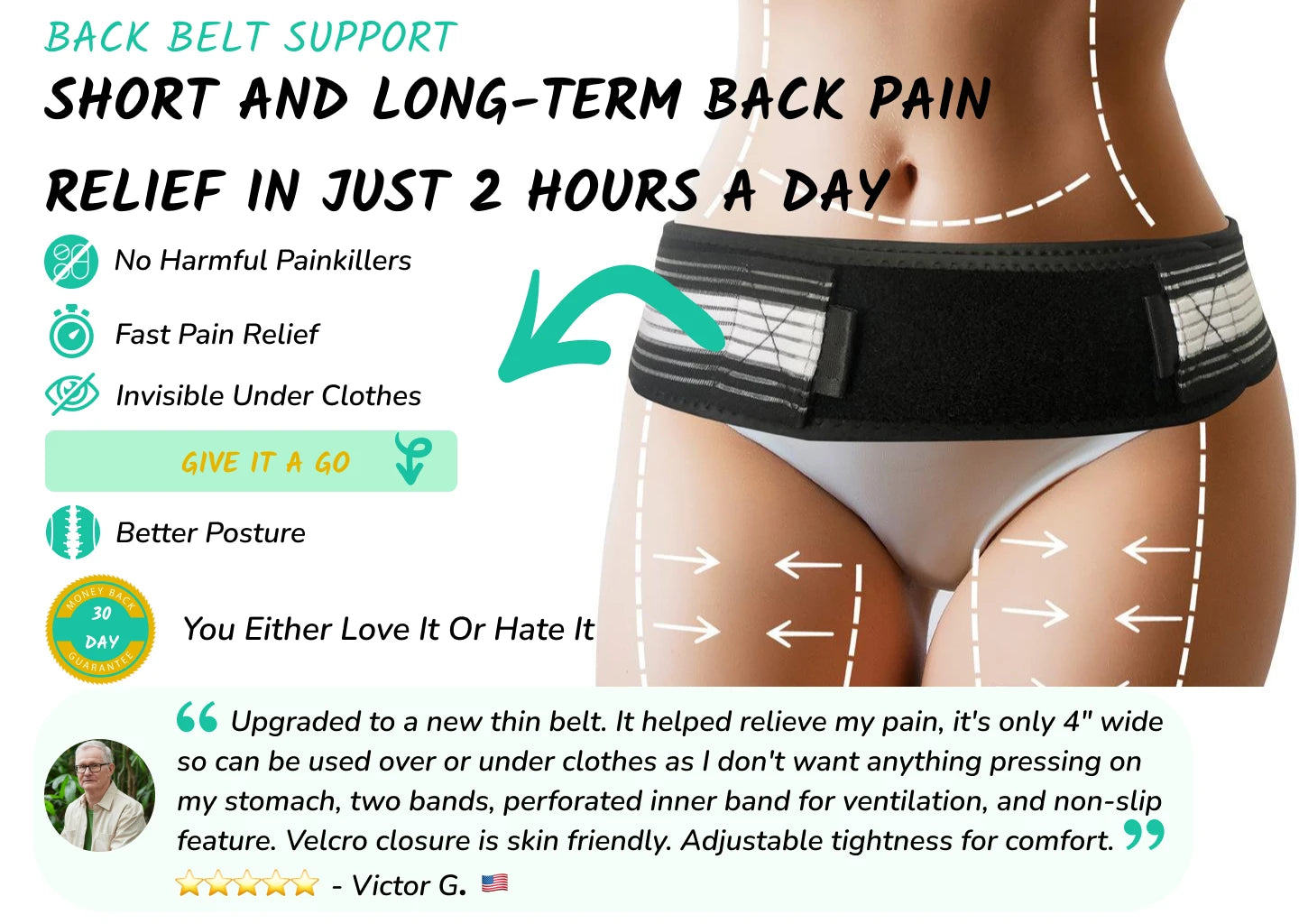 Presentation of the Back Belt Support on a woman's lumbar spine with review, 30-day money back guarantee and other details.