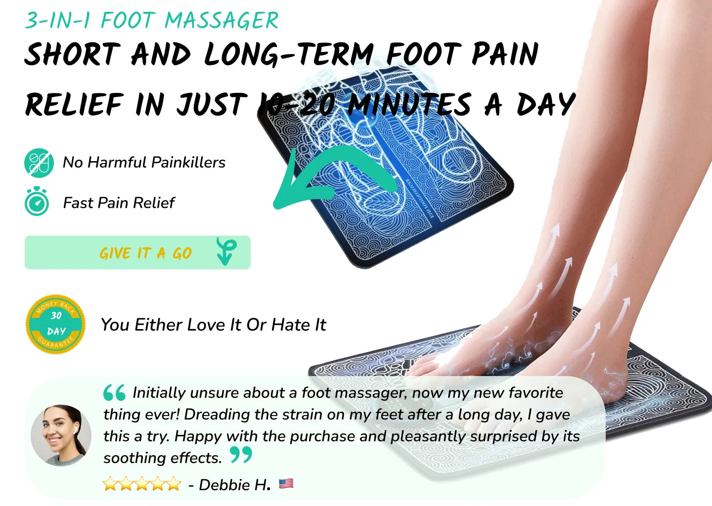 Product presentation image of foot massager showing a woman massaging her feet, with review, 30-day money back guarantee.