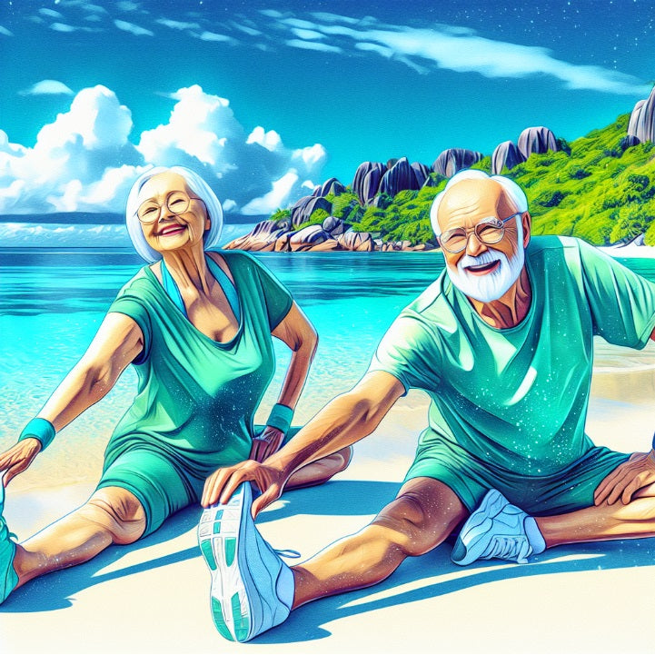 Happy elderly people stretching on a beach.