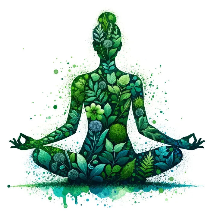Herbal female silhouette in yoga pose relieving body aches.