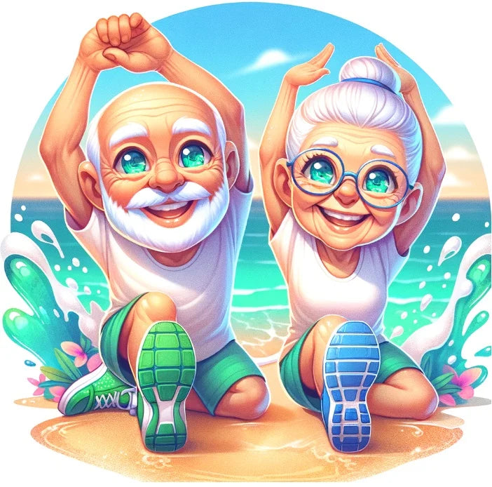 Two happy old men smiling on the beach while doing invigorating stretches, as with age comes wisdom and smiles, not diseases.