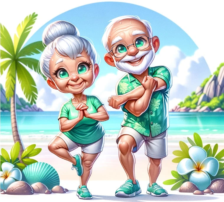 The elderly couple are feeling well and blessed, stretching on a beach surrounded by the sea and palm trees.