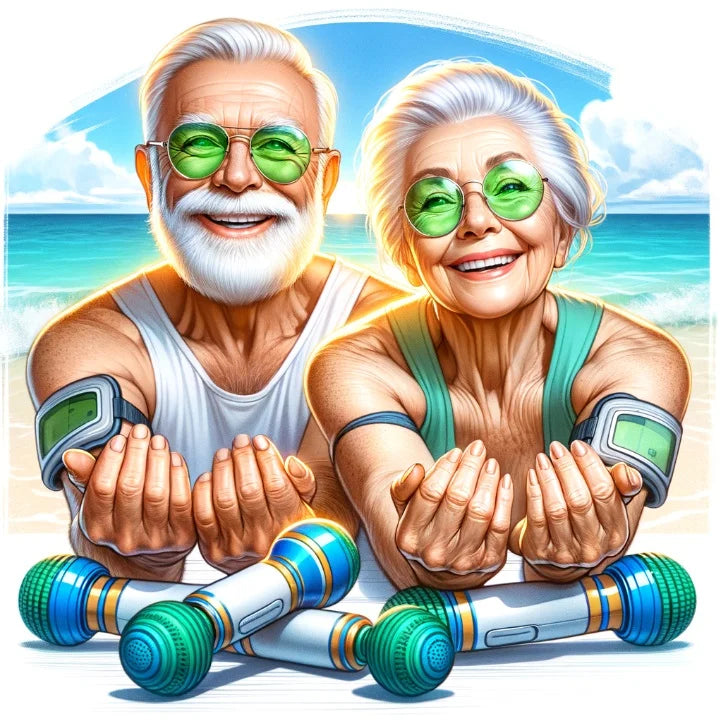 Happy elderly people stretching and smiling on a beach.