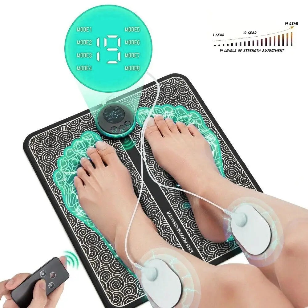 EMS foot massager presents all features 8 modes and 19 levels of intensity adjustment