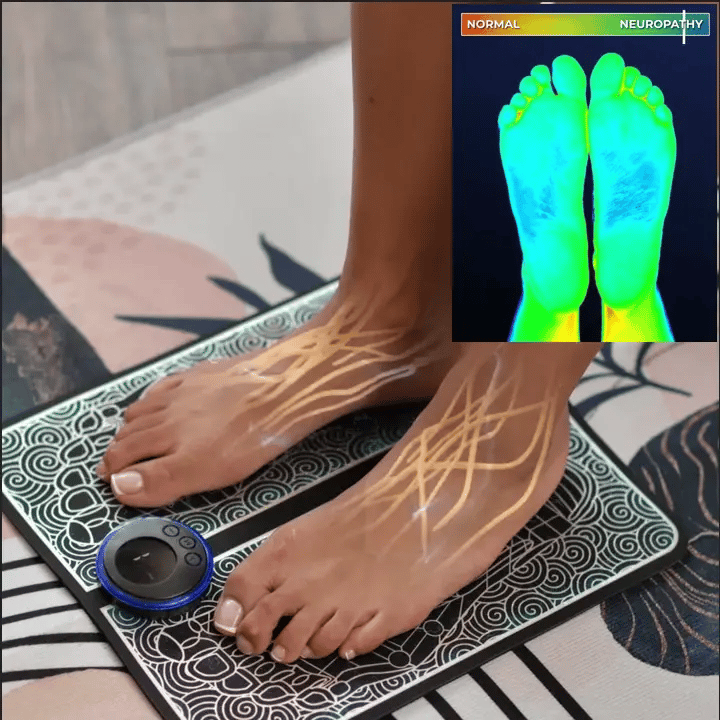 Dynamic ems foot massager image showing how to fix cold ankles, feet and legs.