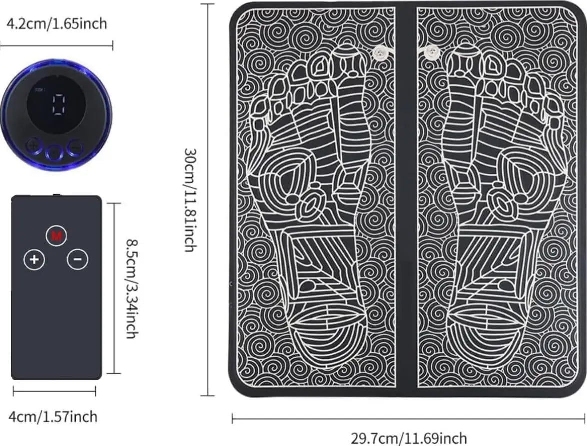 Dimensions of the ems foot massager for the mat and accessories.