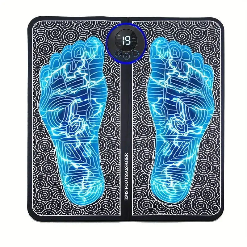 EMS Massage image with 19 modes and blue soles.