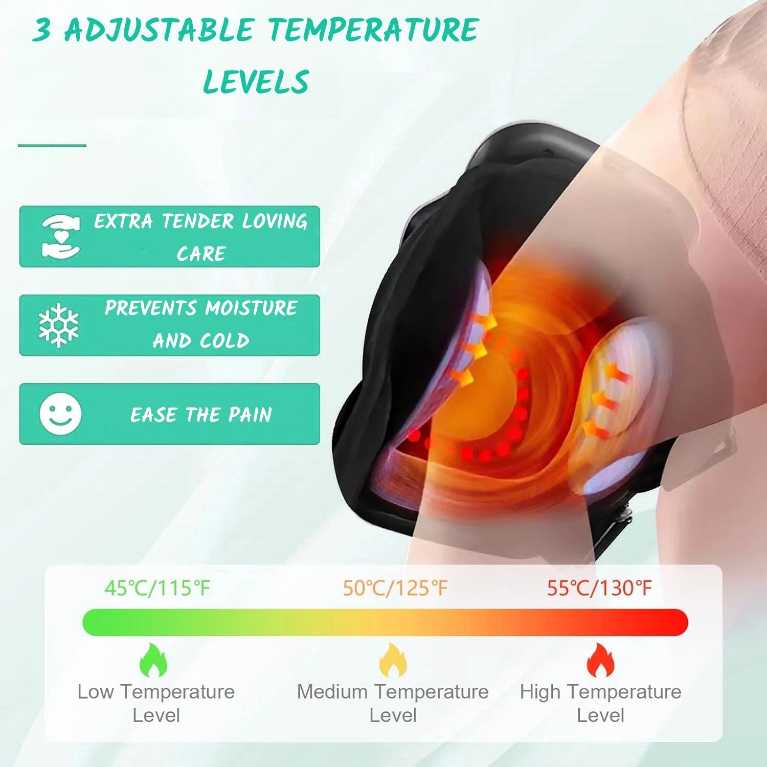 Knee massager 3 adjustable temperature levels.