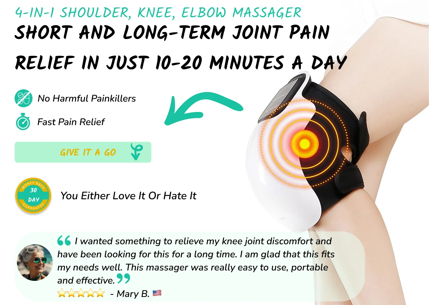 Presentation image of the Knee Massager product on a woman's knee with review, 30-day money back guarantee and other details.