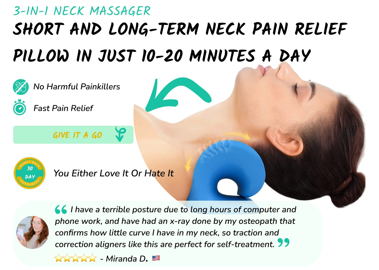 Presentation image of the Neck Massager product on a woman's knee with review, 30-day money back guarantee and other details.